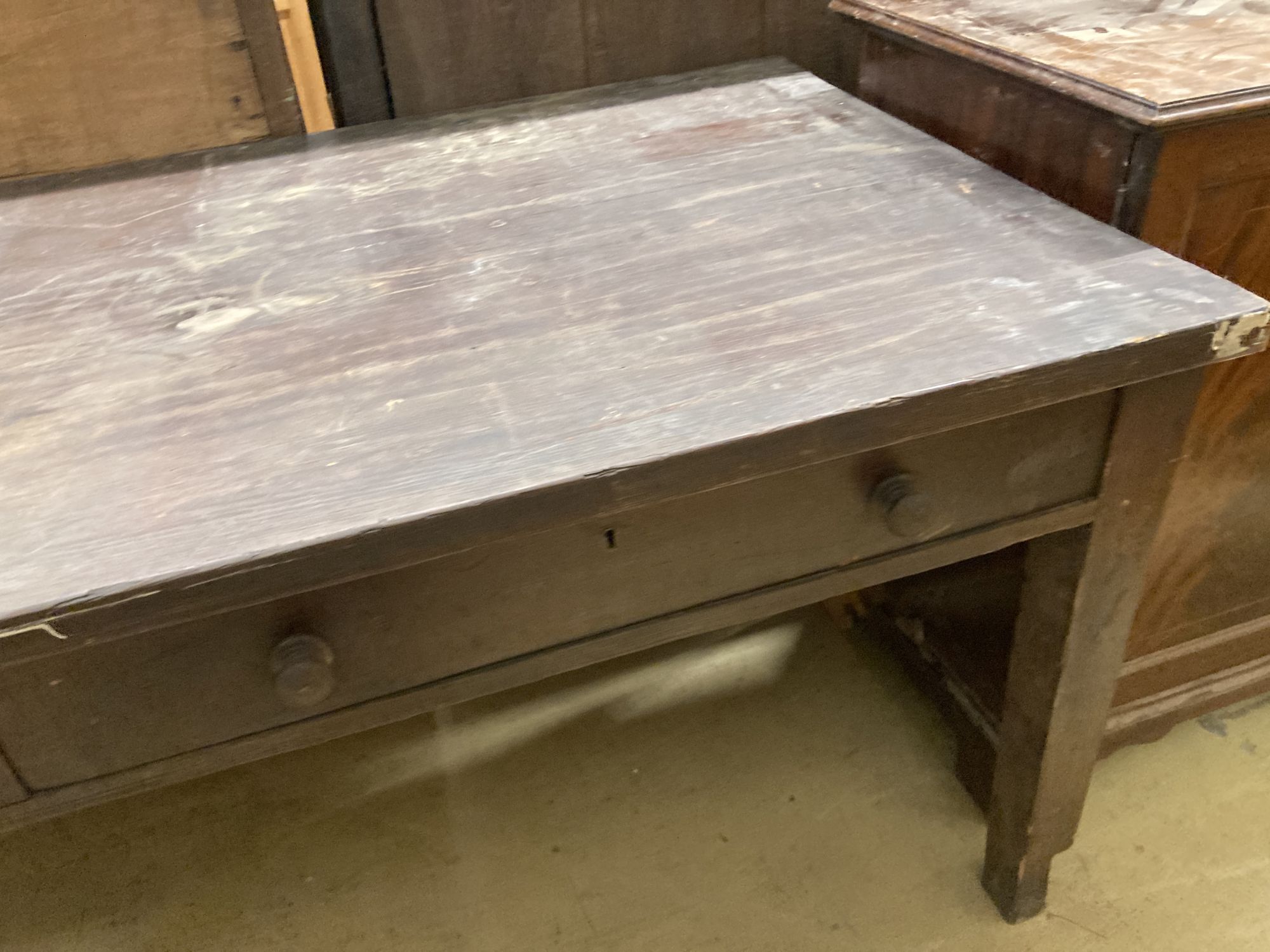 A 19th century pitch pine two drawer kitchen table, length 178cm, depth 81cm, height 76cm